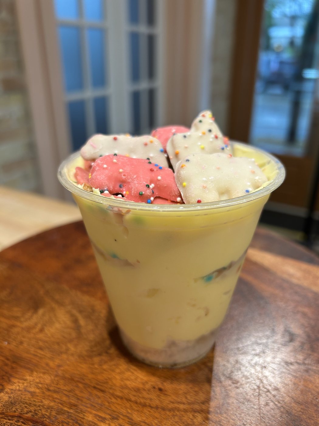Circus animal cookie pudding cup with frosted animal crackers