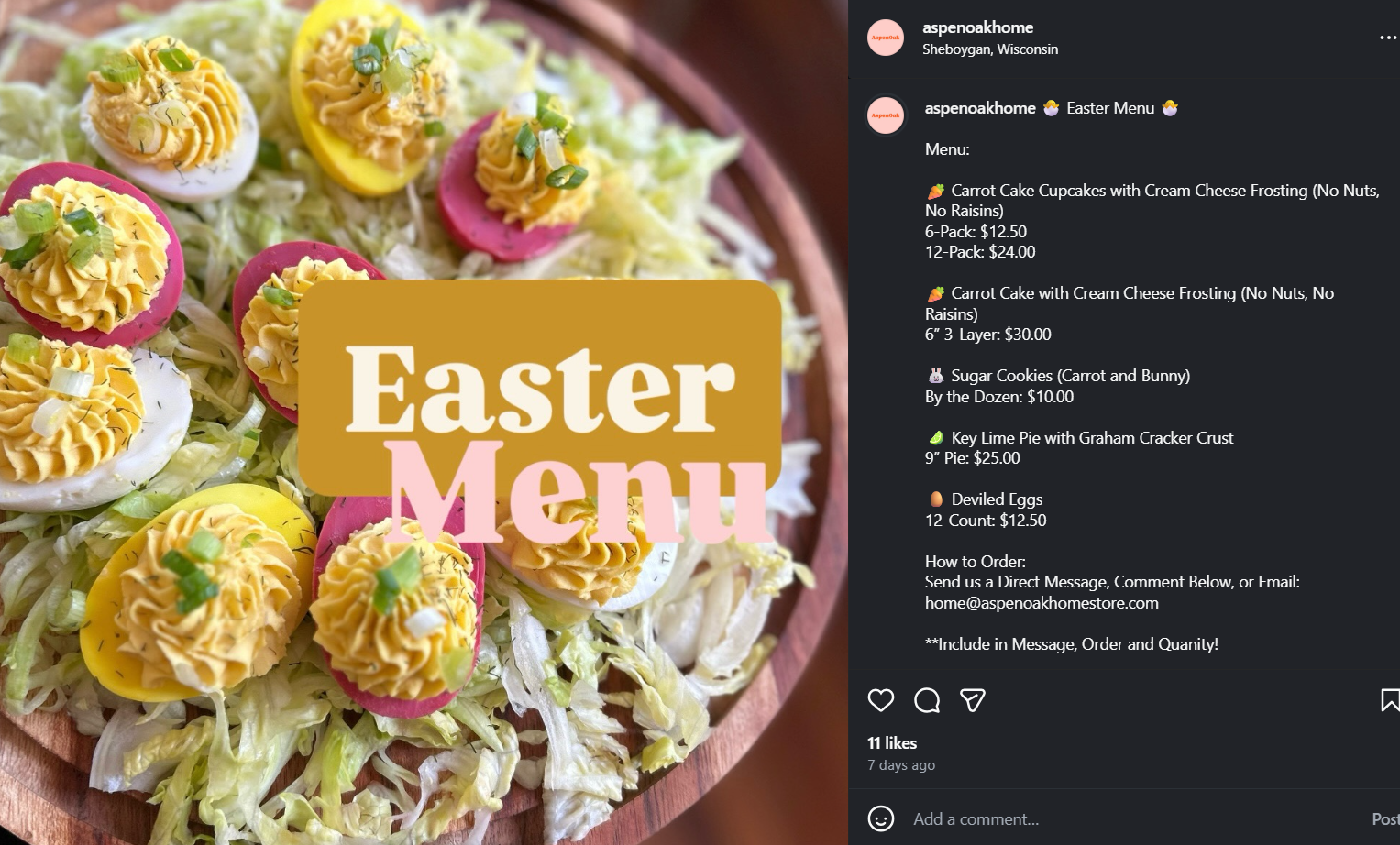 AspenOak Easter Menu — deviled eggs, carrot cake cupcakes and more